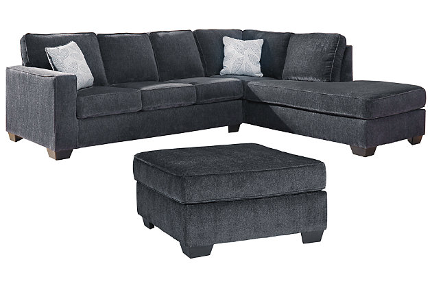 If style is the question, then the Altari 2-piece sectional with ottoman is the answer. Sporting clean lines and sleek track arms, the decidedly contemporary profile is enhanced with plump cushioning and a chenille-feel upholstery, so pleasing to the touch. Sure to play well with so many color schemes, this living room set in slate gray includes understated floral pattern pillows for fashionably fresh appeal.Includes 2-piece sectional (with right-arm facing corner chaise and left-arm facing sofa) and ottoman | Left-arm and "right-arm" describe the position of the arm when you face the piece | Corner-blocked frame | Attached back and loose seat cushions | Firmly cushioned ottoman | High-resiliency foam cushions wrapped in thick poly fiber | Decorative pillows included | Pillows with soft polyfill | Polyester upholstery and pillows | Exposed feet with faux wood finish | Sectional's platform foundation system resists sagging 3x better than spring system after 20,000 testing cycles by providing more even support | Smooth platform foundation maintains tight, wrinkle-free look without dips or sags that can occur over time with sinuous spring foundations | Estimated Assembly Time: 5 Minutes