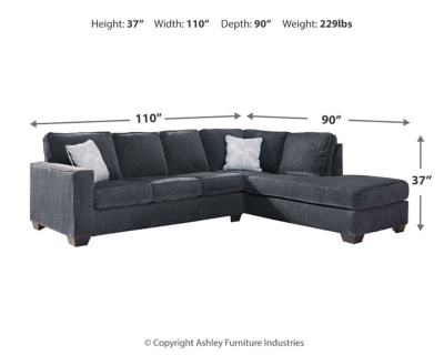 If style is the question, then the Altari sleeper sectional is the answer. Sporting clean lines and sleek track arms, the decidedly contemporary profile is enhanced with plump cushioning and a chenille-feel upholstery, so pleasing to the touch. Sure to play well with so many color schemes, this sleeper sectional in slate gray includes a pair of understated floral pattern pillows for fashionably fresh appeal. Crafted of quality memory foam, the pull-out full mattress comfortably accommodates overnight guests.Includes 2 pieces: left-arm facing full sofa sleeper and right-arm facing corner chaise | "Left-arm" and "right-arm" describe the position of the arm when you face the piece | Corner-blocked frame | Attached back and loose seat cushions | High-resiliency foam cushions wrapped in thick poly fiber | 2 decorative pillows included with soft polyfill | Polyester upholstery and pillows | Exposed feet with faux wood finish | Included bi-fold full memory foam mattress sits atop a supportive steel frame | Memory foam provides better airflow for a cooler night’s sleep | Memory foam encased in damask ticking | Platform foundation system resists sagging 3x better than spring system after 20,000 testing cycles by providing more even support | Smooth platform foundation maintains tight, wrinkle-free look without dips or sags that can occur over time with sinuous spring foundations | Estimated Assembly Time: 5 Minutes