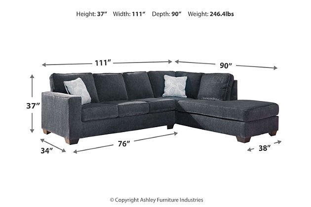 If style is the question, then the Altari sectional is the answer. Sporting clean lines and sleek track arms, the decidedly contemporary profile is enhanced with plump cushioning and a chenille-feel upholstery, so pleasing to the touch. Sure to play well with so many color schemes, this sectional in slate gray includes a pair of understated floral pattern pillows for fashionably fresh appeal.Includes 2 pieces: right-arm facing corner chaise and left-arm facing sofa | "Left-arm and "right-arm" describe the position of the arm when you face the piece | Corner-blocked frame | Attached back and loose seat cushions | High-resiliency foam cushions wrapped in thick poly fiber | 2 decorative pillows included | Pillows with soft polyfill | Polyester upholstery and pillows | Exposed feet with faux wood finish | Platform foundation system resists sagging 3x better than spring system after 20,000 testing cycles by providing more even support | Smooth platform foundation maintains tight, wrinkle-free look without dips or sags that can occur over time with sinuous spring foundations | Estimated Assembly Time: 5 Minutes