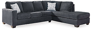 If style is the question, then the Altari 2-piece sectional with ottoman is the answer. Sporting clean lines and sleek track arms, the decidedly contemporary profile is enhanced with plump cushioning and a chenille-feel upholstery, so pleasing to the touch. Sure to play well with so many color schemes, this living room set in slate gray includes understated floral pattern pillows for fashionably fresh appeal.Includes 2-piece sectional (with left-arm facing corner chaise and right-arm facing sofa) and ottoman | Left-arm and "right-arm" describe the position of the arm when you face the piece | Corner-blocked frame | Attached back and loose seat cushions | Firmly cushioned ottoman | High-resiliency foam cushions wrapped in thick poly fiber | Decorative pillows included | Pillows with soft polyfill | Polyester upholstery and pillows | Exposed feet with faux wood finish | Sectional's platform foundation system resists sagging 3x better than spring system after 20,000 testing cycles by providing more even support | Smooth platform foundation maintains tight, wrinkle-free look without dips or sags that can occur over time with sinuous spring foundations | Estimated Assembly Time: 5 Minutes