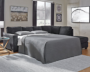 If style is the question, then the Altari sleeper sectional is the answer. Sporting clean lines and sleek track arms, the decidedly contemporary profile is enhanced with plump cushioning and a chenille-feel upholstery, so pleasing to the touch. Sure to play well with so many color schemes, this sleeper sectional in slate gray includes a pair of understated floral pattern pillows for fashionably fresh appeal. Crafted of quality memory foam, the pull-out full mattress comfortably accommodates overnight guests.Includes 2 pieces: left-arm facing full sofa sleeper and right-arm facing corner chaise | "Left-arm" and "right-arm" describe the position of the arm when you face the piece | Corner-blocked frame | Attached back and loose seat cushions | High-resiliency foam cushions wrapped in thick poly fiber | 2 decorative pillows included with soft polyfill | Polyester upholstery and pillows | Exposed feet with faux wood finish | Included bi-fold full memory foam mattress sits atop a supportive steel frame | Memory foam provides better airflow for a cooler night’s sleep | Memory foam encased in damask ticking | Platform foundation system resists sagging 3x better than spring system after 20,000 testing cycles by providing more even support | Smooth platform foundation maintains tight, wrinkle-free look without dips or sags that can occur over time with sinuous spring foundations | Estimated Assembly Time: 5 Minutes