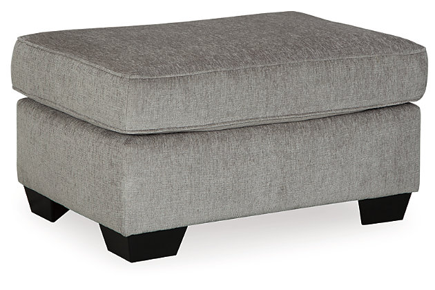 If style is the question, then the Altari ottoman is the answer. Its decidedly contemporary profile is enhanced with plump cushioning and a chenille-feel upholstery that's so pleasing to the touch. Rest assured, this ottoman in richly neutral alloy is sure to play well with so many color schemes.Corner-blocked frame | Firmly cushioned | High-resiliency foam cushion wrapped in thick poly fiber | Polyester upholstery | Exposed feet with faux wood finish