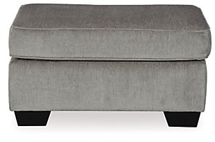 If style is the question, then the Altari ottoman is the answer. Its decidedly contemporary profile is enhanced with plump cushioning and a chenille-feel upholstery that's so pleasing to the touch. Rest assured, this ottoman in richly neutral alloy is sure to play well with so many color schemes.Corner-blocked frame | Firmly cushioned | High-resiliency foam cushion wrapped in thick poly fiber | Polyester upholstery | Exposed feet with faux wood finish