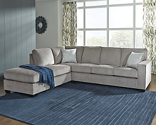 If style is the question, then the Altari sectional is the answer. Sporting clean lines and sleek track arms, the decidedly contemporary profile is enhanced with plump cushioning and a chenille-feel upholstery, so pleasing to the touch. Sure to play well with so many color schemes, this sectional in richly neutral alloy includes a pair of understated floral pattern pillows for fashionably fresh appeal.Includes 2 pieces: left-arm facing corner chaise and right-arm facing sofa | Corner-blocked frame | Attached back and loose seat cushions | High-resiliency foam cushions wrapped in thick poly fiber | 2 decorative pillows included | Pillows with soft polyfill | Polyester upholstery and pillows | Exposed feet with faux wood finish | Platform foundation system resists sagging 3x better than spring system after 20,000 testing cycles by providing more even support | Smooth platform foundation maintains tight, wrinkle-free look without dips or sags that can occur over time with sinuous spring foundations | Estimated Assembly Time: 5 Minutes