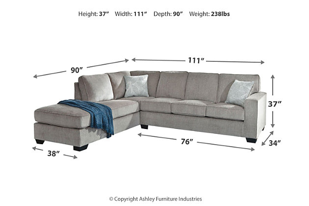 If style is the question, then the Altari sectional is the answer. Sporting clean lines and sleek track arms, the decidedly contemporary profile is enhanced with plump cushioning and a chenille-feel upholstery, so pleasing to the touch. Sure to play well with so many color schemes, this sectional in richly neutral alloy includes a pair of understated floral pattern pillows for fashionably fresh appeal.Includes 2 pieces: left-arm facing corner chaise and right-arm facing sofa | Corner-blocked frame | Attached back and loose seat cushions | High-resiliency foam cushions wrapped in thick poly fiber | 2 decorative pillows included | Pillows with soft polyfill | Polyester upholstery and pillows | Exposed feet with faux wood finish | Platform foundation system resists sagging 3x better than spring system after 20,000 testing cycles by providing more even support | Smooth platform foundation maintains tight, wrinkle-free look without dips or sags that can occur over time with sinuous spring foundations | Estimated Assembly Time: 5 Minutes
