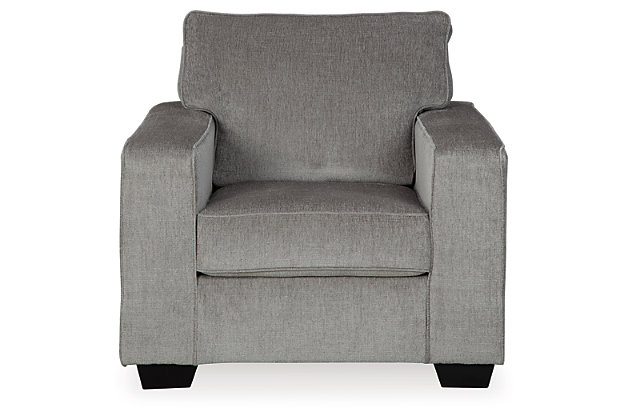 If style is the question, then the Altari chair is the answer. Sporting clean lines and sleek track arms, the decidedly contemporary profile is enhanced with plump cushioning and a chenille-feel upholstery that's so pleasing to the touch. Rest assured, this chair in richly neutral alloy is sure to play well with so many color schemes.Corner-blocked frame | Attached back and loose seat cushions | High-resiliency foam cushions wrapped in thick poly fiber | Polyester upholstery | Exposed feet with faux wood finish | Platform foundation system resists sagging 3x better than spring system after 20,000 testing cycles by providing more even support | Smooth platform foundation maintains tight, wrinkle-free look without dips or sags that can occur over time with sinuous spring foundations