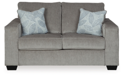 If style is the question, then the Altari loveseat is the answer. Sporting clean lines and sleek track arms, the decidedly contemporary profile is enhanced with plump cushioning and a chenille-feel upholstery that's so pleasing to the touch. Sure to play well with so many color schemes, this loveseat in richly neutral alloy includes a pair of understated floral pattern pillows for fashionably fresh appeal.Corner-blocked frame | Attached back and loose seat cushions | High-resiliency foam cushions wrapped in thick poly fiber | 2 decorative pillows included | Pillows with soft polyfill | Polyester upholstery and pillows | Exposed feet with faux wood finish | Platform foundation system resists sagging 3x better than spring system after 20,000 testing cycles by providing more even support | Smooth platform foundation maintains tight, wrinkle-free look without dips or sags that can occur over time with sinuous spring foundations