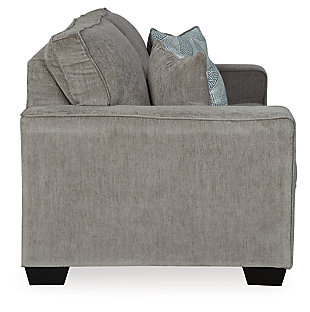 If style is the question, then the Altari loveseat is the answer. Sporting clean lines and sleek track arms, the decidedly contemporary profile is enhanced with plump cushioning and a chenille-feel upholstery that's so pleasing to the touch. Sure to play well with so many color schemes, this loveseat in richly neutral alloy includes a pair of understated floral pattern pillows for fashionably fresh appeal.Corner-blocked frame | Attached back and loose seat cushions | High-resiliency foam cushions wrapped in thick poly fiber | 2 decorative pillows included | Pillows with soft polyfill | Polyester upholstery and pillows | Exposed feet with faux wood finish | Platform foundation system resists sagging 3x better than spring system after 20,000 testing cycles by providing more even support | Smooth platform foundation maintains tight, wrinkle-free look without dips or sags that can occur over time with sinuous spring foundations