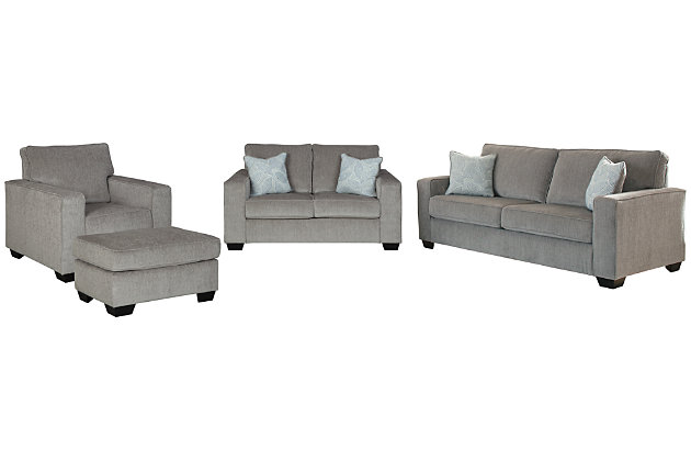 If style is the question, then the Altari living room set with sofa, loveseat, chair and ottoman is the answer. Sporting clean lines and sleek track arms, the decidedly contemporary profile is enhanced with plump cushioning and a chenille-feel upholstery, so pleasing to the touch. Sure to play well with so many color schemes, this living room set in richly neutral alloy includes understated floral pattern pillows for fashionably fresh appeal.Includes sofa, loveseat, chair and ottoman | Corner-blocked frame | Attached back and loose seat cushions | Firmly cushioned ottoman | High-resiliency foam cushions wrapped in thick poly fiber | Decorative pillows included | Pillows with soft polyfill | Polyester upholstery and pillows | Exposed feet with faux wood finish | Sofa, loveseat and chair's platform foundation system resists sagging 3x better than spring system after 20,000 testing cycles by providing more even support | Smooth platform foundation maintains tight, wrinkle-free look without dips or sags that can occur over time with sinuous spring foundations