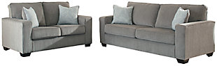 If style is the question, then the Altari sofa and loveseat set is the answer. Sporting clean lines and sleek track arms, the decidedly contemporary profile is enhanced with plump cushioning and a chenille-feel upholstery, so pleasing to the touch. Sure to play well with so many color schemes, this sofa and loveseat set in richly neutral alloy includes understated floral pattern pillows for fashionably fresh appeal.Includes sofa and loveseat | Corner-blocked frame | Attached back and loose seat cushions | High-resiliency foam cushions wrapped in thick poly fiber | Decorative pillows included | Pillows with soft polyfill | Polyester upholstery and pillows | Exposed feet with faux wood finish | Platform foundation system resists sagging 3x better than spring system after 20,000 testing cycles by providing more even support | Smooth platform foundation maintains tight, wrinkle-free look without dips or sags that can occur over time with sinuous spring foundations