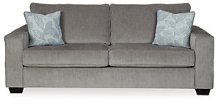 If style is the question, then the Altari sofa is the answer. Sporting clean lines and sleek track arms, the decidedly contemporary profile is enhanced with plump cushioning and a chenille-feel upholstery that's so pleasing to the touch. Sure to play well with so many color schemes, this sofa in richly neutral alloy includes a pair of understated floral pattern pillows for fashionably fresh appeal.Corner-blocked frame | Attached back and loose seat cushions | High-resiliency foam cushions wrapped in thick poly fiber | 2 decorative pillows included | Pillows with soft polyfill | Polyester upholstery and pillows | Exposed feet with faux wood finish | Platform foundation system resists sagging 3x better than spring system after 20,000 testing cycles by providing more even support | Smooth platform foundation maintains tight, wrinkle-free look without dips or sags that can occur over time with sinuous spring foundations