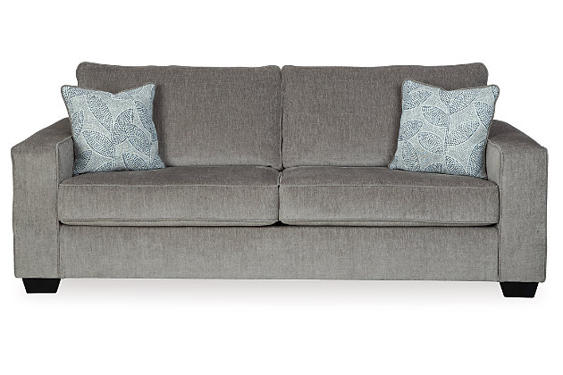 If style is the question, then the Altari sofa is the answer. Sporting clean lines and sleek track arms, the decidedly contemporary profile is enhanced with plump cushioning and a chenille-feel upholstery that's so pleasing to the touch. Sure to play well with so many color schemes, this sofa in richly neutral alloy includes a pair of understated floral pattern pillows for fashionably fresh appeal.Corner-blocked frame | Attached back and loose seat cushions | High-resiliency foam cushions wrapped in thick poly fiber | 2 decorative pillows included | Pillows with soft polyfill | Polyester upholstery and pillows | Exposed feet with faux wood finish | Platform foundation system resists sagging 3x better than spring system after 20,000 testing cycles by providing more even support | Smooth platform foundation maintains tight, wrinkle-free look without dips or sags that can occur over time with sinuous spring foundations