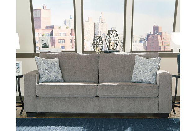 If style is the question, then the Altari sofa and loveseat set is the answer. Sporting clean lines and sleek track arms, the decidedly contemporary profile is enhanced with plump cushioning and a chenille-feel upholstery, so pleasing to the touch. Sure to play well with so many color schemes, this sofa and loveseat set in richly neutral alloy includes understated floral pattern pillows for fashionably fresh appeal.Includes sofa and loveseat | Corner-blocked frame | Attached back and loose seat cushions | High-resiliency foam cushions wrapped in thick poly fiber | Decorative pillows included | Pillows with soft polyfill | Polyester upholstery and pillows | Exposed feet with faux wood finish | Platform foundation system resists sagging 3x better than spring system after 20,000 testing cycles by providing more even support | Smooth platform foundation maintains tight, wrinkle-free look without dips or sags that can occur over time with sinuous spring foundations