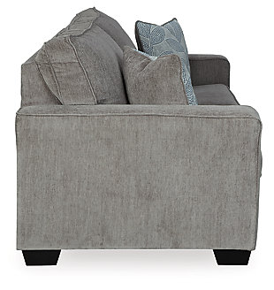 If style is the question, then the Altari sofa sleeper is the answer. Sporting clean lines and sleek track arms, the decidedly contemporary profile is enhanced with plump cushioning and a chenille-feel upholstery that's so pleasing to the touch. Sure to play well with so many color schemes, this sofa sleeper in richly neutral alloy includes a pair of understated floral pattern pillows for fashionably fresh appeal. Pull-out queen mattress in quality memory foam comfortably accommodates overnight guests.Corner-blocked frame | Attached back and loose seat cushions | High-resiliency foam cushions wrapped in thick poly fiber | 2 decorative pillows included | Pillows with soft polyfill | Polyester upholstery and pillows | Exposed feet with faux wood finish | Included bi-fold queen memory foam mattress sits atop a supportive steel frame | Memory foam provides better airflow for a cooler night’s sleep | Memory foam encased in damask ticking