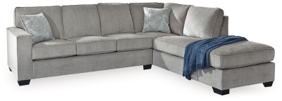 If style is the question, then the Altari sleeper sectional is the answer. Sporting clean lines and sleek track arms, the decidedly contemporary profile is enhanced with plump cushioning and a chenille-feel upholstery, so pleasing to the touch. Sure to play well with so many color schemes, this sleeper sectional in richly neutral alloy includes a pair of understated floral pattern pillows for fashionably fresh appeal. Crafted of quality memory foam, the pull-out full mattress comfortably accommodates overnight guests.Includes 2 pieces: left-arm facing full sofa sleeper and right-arm facing corner chaise | "Left-arm" and "right-arm" describe the position of the arm when you face the piece | Corner-blocked frame | Attached back and loose seat cushions | High-resiliency foam cushions wrapped in thick poly fiber | 2 decorative pillows included with soft polyfill | Polyester upholstery and pillows | Exposed feet with faux wood finish | Included bi-fold full memory foam mattress sits atop a supportive steel frame | Memory foam provides better airflow for a cooler night’s sleep | Memory foam encased in damask ticking | Platform foundation system resists sagging 3x better than spring system after 20,000 testing cycles by providing more even support | Smooth platform foundation maintains tight, wrinkle-free look without dips or sags that can occur over time with sinuous spring foundations | Estimated Assembly Time: 5 Minutes