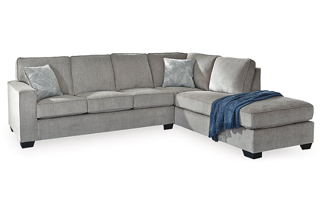 If style is the question, then the Altari sectional is the answer. Sporting clean lines and sleek track arms, the decidedly contemporary profile is enhanced with plump cushioning and a chenille-feel upholstery, so pleasing to the touch. Sure to play well with so many color schemes, this sectional in richly neutral alloy includes a pair of understated floral pattern pillows for fashionably fresh appeal.Includes 2 pieces: right-arm facing corner chaise and left-arm facing sofa | "Left-arm and "right-arm" describe the position of the arm when you face the piece | Corner-blocked frame | Attached back and loose seat cushions | High-resiliency foam cushions wrapped in thick poly fiber | 2 decorative pillows included | Pillows with soft polyfill | Polyester upholstery and pillows | Exposed feet with faux wood finish | Platform foundation system resists sagging 3x better than spring system after 20,000 testing cycles by providing more even support | Smooth platform foundation maintains tight, wrinkle-free look without dips or sags that can occur over time with sinuous spring foundations | Estimated Assembly Time: 5 Minutes