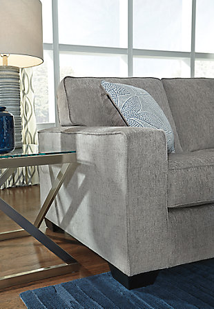 If style is the question, then the Altari 2-piece sectional with ottoman is the answer. Sporting clean lines and sleek track arms, the decidedly contemporary profile is enhanced with plump cushioning and a chenille-feel upholstery, so pleasing to the touch. Sure to play well with so many color schemes, this living room set in richly neutral alloy includes understated floral pattern pillows for fashionably fresh appeal.Includes 2-piece sectional (with right-arm facing corner chaise and left-arm facing sofa) and ottoman | Left-arm and "right-arm" describe the position of the arm when you face the piece | Corner-blocked frame | Attached back and loose seat cushions | Firmly cushioned ottoman | High-resiliency foam cushions wrapped in thick poly fiber | Decorative pillows included | Pillows with soft polyfill | Polyester upholstery and pillows | Exposed feet with faux wood finish | Sectional's platform foundation system resists sagging 3x better than spring system after 20,000 testing cycles by providing more even support | Smooth platform foundation maintains tight, wrinkle-free look without dips or sags that can occur over time with sinuous spring foundations | Estimated Assembly Time: 5 Minutes