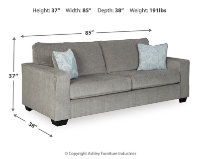 If style is the question, then the Altari sofa sleeper is the answer. Sporting clean lines and sleek track arms, the decidedly contemporary profile is enhanced with plump cushioning and a chenille-feel upholstery that's so pleasing to the touch. Sure to play well with so many color schemes, this sofa sleeper in richly neutral alloy includes a pair of understated floral pattern pillows for fashionably fresh appeal. Pull-out queen mattress in quality memory foam comfortably accommodates overnight guests.Corner-blocked frame | Attached back and loose seat cushions | High-resiliency foam cushions wrapped in thick poly fiber | 2 decorative pillows included | Pillows with soft polyfill | Polyester upholstery and pillows | Exposed feet with faux wood finish | Included bi-fold queen memory foam mattress sits atop a supportive steel frame | Memory foam provides better airflow for a cooler night’s sleep | Memory foam encased in damask ticking