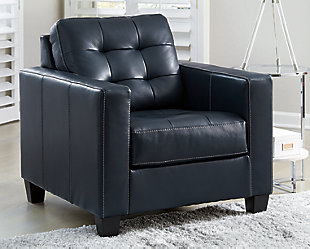 Tailor your space with the tidy structure of the Altonbury chair. Decorative stitching and button tufting on the box cushion make for a very neat appearance. With real leather covering the seating area—where it matters most—this piece has skillfully matched leather elsewhere, so you won’t get hemmed in by the price.Corner-blocked frame | Attached back and loose seat cushions | High-resiliency foam cushions wrapped in thick poly fiber | Leather interior upholstery; vinyl/polyester exterior upholstery | Exposed feet with faux wood finish | Platform foundation system resists sagging 3x better than spring system after 20,000 testing cycles by providing more even support | Smooth platform foundation maintains tight, wrinkle-free look without dips or sags that can occur over time with sinuous spring foundations