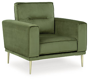 Get comfortable with a modern aesthetic when you add the Macleary arm chair to your home or office. A clean, linear design fits so well into any sophisticated space. With velvet upholstery and a sleek metal accent leg, this piece elevates your decor to up-to-the-minute cool.Corner-blocked frame | Loose seat and reversible back cushions | High-resiliency foam cushions wrapped in thick poly fiber | Metal seat base | Polyester velvet upholstery | Metal legs with brass-tone finish | Minor assembly (simply attach legs) | Estimated Assembly Time: 15 Minutes