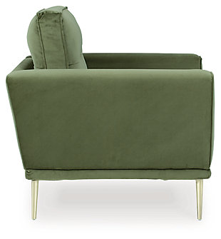 Get comfortable with a modern aesthetic when you add the Macleary arm chair to your home or office. A clean, linear design fits so well into any sophisticated space. With velvet upholstery and a sleek metal accent leg, this piece elevates your decor to up-to-the-minute cool.Corner-blocked frame | Loose seat and reversible back cushions | High-resiliency foam cushions wrapped in thick poly fiber | Metal seat base | Polyester velvet upholstery | Metal legs with brass-tone finish | Minor assembly (simply attach legs) | Estimated Assembly Time: 15 Minutes