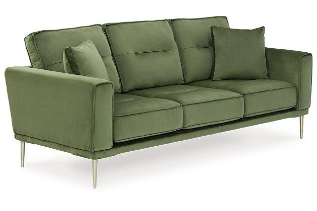 Get comfortable with a modern aesthetic when you add the Macleary sofa to your home or office. A clean, linear design fits so well into any sophisticated space. With velvet upholstery and a sleek metal accent leg, this piece elevates your decor to up-to-the-minute cool.Corner-blocked frame | Loose seat and reversible back cushions | High-resiliency foam cushions wrapped in thick poly fiber | Metal seat base | Polyester velvet upholstery | Throw pillows included | Pillows with soft polyfill | Metal legs with brass-tone finish | Minor assembly (simply attach legs) | Estimated Assembly Time: 15 Minutes