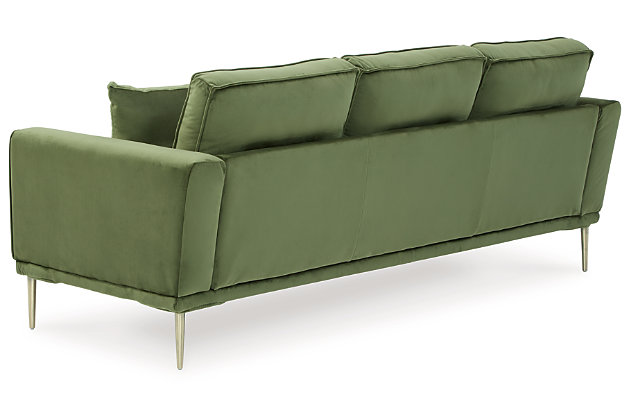 Get comfortable with a modern aesthetic when you add the Macleary sofa to your home or office. A clean, linear design fits so well into any sophisticated space. With velvet upholstery and a sleek metal accent leg, this piece elevates your decor to up-to-the-minute cool.Corner-blocked frame | Loose seat and reversible back cushions | High-resiliency foam cushions wrapped in thick poly fiber | Metal seat base | Polyester velvet upholstery | Throw pillows included | Pillows with soft polyfill | Metal legs with brass-tone finish | Minor assembly (simply attach legs) | Estimated Assembly Time: 15 Minutes