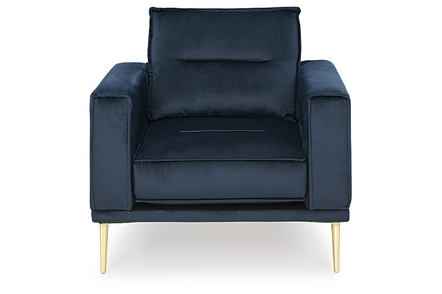 Get comfortable with a modern aesthetic when you add the Macleary arm chair to your home or office. The clean, linear design in classic navy blue fits so well into any sophisticated space. With soft-to-the-touch polyester upholstery and a metal accent leg in a bold brass-tone finish, this piece elevates your decor to up-to-the-minute cool.Corner-blocked frame | Loose seat and reversible back cushions | High-resiliency foam cushions wrapped in thick poly fiber | Metal seat base | Polyester upholstery | Metal legs with brass-tone finish | Minor assembly (simply attach legs) | Estimated Assembly Time: 15 Minutes
