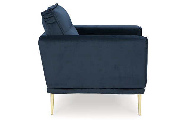 Get comfortable with a modern aesthetic when you add the Macleary arm chair to your home or office. The clean, linear design in classic navy blue fits so well into any sophisticated space. With soft-to-the-touch polyester upholstery and a metal accent leg in a bold brass-tone finish, this piece elevates your decor to up-to-the-minute cool.Corner-blocked frame | Loose seat and reversible back cushions | High-resiliency foam cushions wrapped in thick poly fiber | Metal seat base | Polyester upholstery | Metal legs with brass-tone finish | Minor assembly (simply attach legs) | Estimated Assembly Time: 15 Minutes