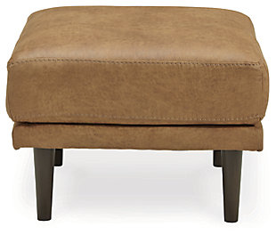 For a fresh spot in your space, turn to the Arroyo ottoman. This invigorating piece breathes warmth into your home with its striking caramel faux leather upholstery and tapered legs. Wind down at the end of a long day with your feet propped up on this canyon of comfort.Corner-blocked frame | Firmly cushioned | High-resiliency foam cushion wrapped in thick poly fiber | Metal base | Polyester and polyurethane (faux leather) upholstery | Exposed legs with faux wood finish | Minor assembly (simply attach legs) | Estimated Assembly Time: 15 Minutes