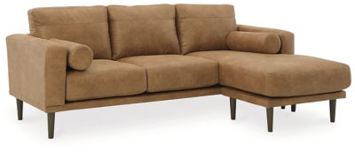 For a fresh spot in your space, turn to the Arroyo sofa chaise. This invigorating piece breathes warmth into your home with its striking caramel faux leather upholstery, modern bolster pillows and tapered legs. Wind down at the end of a long day and sink into this canyon of comfort.Corner-blocked frame | High-resiliency foam cushions wrapped in thick poly fiber | Loose cushions; reversible chaise cushion | Metal seat base | Polyester and polyurethane (faux leather) upholstery | Bolster pillows included | Pillows with soft polyfill | Exposed legs with faux wood finish | Minor assembly (simply attach legs) | Estimated Assembly Time: 15 Minutes