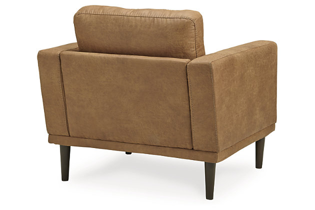 For a fresh spot in your space, turn to the Arroyo arm chair. This invigorating piece breathes warmth into your home with its striking caramel faux leather upholstery and tapered legs. Wind down at the end of a long day when you sink into this canyon of comfort.Corner-blocked frame | High-resiliency foam cushions wrapped in thick poly fiber | Non-reversible loose seat and back cushions | Metal seat base | Polyester and polyurethane (faux leather) upholstery | Exposed legs with faux wood finish | Minor assembly (simply attach legs) | Estimated Assembly Time: 15 Minutes