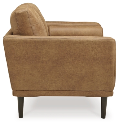 For a fresh spot in your space, turn to the Arroyo loveseat. This invigorating piece breathes warmth into your home with its striking caramel faux leather upholstery, modern bolster pillows and tapered legs. Wind down at the end of a long day when you sink into this canyon of comfort.Corner-blocked frame | High-resiliency foam cushions wrapped in thick poly fiber | Non-reversible loose seat and back cushions | Metal seat base | Polyester and polyurethane (faux leather) upholstery | 2 bolster pillows | Exposed legs with faux wood finish | Minor assembly (simply attach legs) | Estimated Assembly Time: 15 Minutes