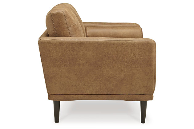 For a fresh spot in your space, turn to the Arroyo loveseat. This invigorating piece breathes warmth into your home with its striking caramel faux leather upholstery, modern bolster pillows and tapered legs. Wind down at the end of a long day when you sink into this canyon of comfort.Corner-blocked frame | High-resiliency foam cushions wrapped in thick poly fiber | Non-reversible loose seat and back cushions | Metal seat base | Polyester and polyurethane (faux leather) upholstery | 2 bolster pillows | Exposed legs with faux wood finish | Minor assembly (simply attach legs) | Estimated Assembly Time: 15 Minutes