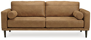 For a fresh spot in your space, turn to the Arroyo sofa. This invigorating piece breathes warmth into your home with its striking caramel faux leather upholstery, modern bolster pillows and tapered legs. Wind down at the end of a long day when you sink into this canyon of comfort.Corner-blocked frame | High-resiliency foam cushions wrapped in thick poly fiber | Non-reversible loose seat and back cushions | Metal seat base | Polyester and polyurethane (faux leather) upholstery | 2 bolster pillows | Exposed legs with faux wood finish | Minor assembly (simply attach legs) | Estimated Assembly Time: 15 Minutes