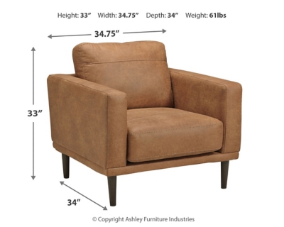 For a fresh spot in your space, turn to the Arroyo arm chair. This invigorating piece breathes warmth into your home with its striking caramel faux leather upholstery and tapered legs. Wind down at the end of a long day when you sink into this canyon of comfort.Corner-blocked frame | High-resiliency foam cushions wrapped in thick poly fiber | Non-reversible loose seat and back cushions | Metal seat base | Polyester and polyurethane (faux leather) upholstery | Exposed legs with faux wood finish | Minor assembly (simply attach legs) | Estimated Assembly Time: 15 Minutes