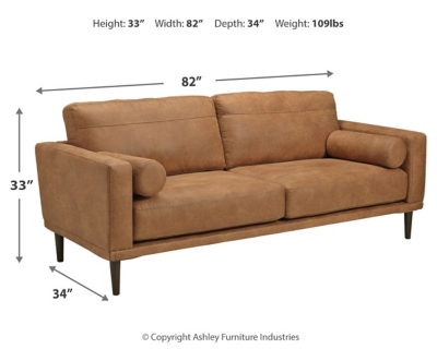 For a fresh spot in your space, turn to the Arroyo sofa. This invigorating piece breathes warmth into your home with its striking caramel faux leather upholstery, modern bolster pillows and tapered legs. Wind down at the end of a long day when you sink into this canyon of comfort.Corner-blocked frame | High-resiliency foam cushions wrapped in thick poly fiber | Non-reversible loose seat and back cushions | Metal seat base | Polyester and polyurethane (faux leather) upholstery | 2 bolster pillows | Exposed legs with faux wood finish | Minor assembly (simply attach legs) | Estimated Assembly Time: 15 Minutes