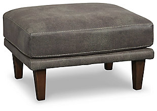 For a fresh spot in your space, turn to the Arroyo designer ottoman. This invigorating ottoman breathes warmth into your home with its striking gray faux leather upholstery and tapered legs. Wind down at the end of a long day with your feet propped up on this canyon of comfort.Corner-blocked frame | Firmly cushioned | High-resiliency foam cushion wrapped in thick poly fiber | Metal base | Polyester/polyurethane upholstery | Exposed legs with faux wood finish | Minor assembly (simply attach legs) | Estimated Assembly Time: 15 Minutes