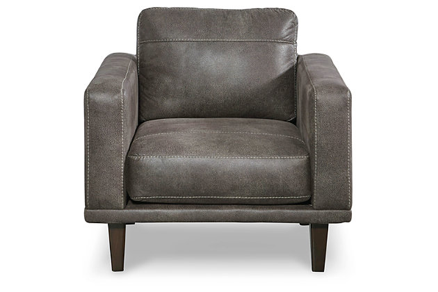 For a fresh spot in your space, turn to the Arroyo designer arm chair. This invigorating piece breathes warmth into your home with its striking gray faux leather upholstery and tapered legs. Wind down at the end of a long day when you sink into this canyon of comfort.Corner-blocked frame | High-resiliency foam cushions wrapped in thick poly fiber | Non-reversible loose seat and back cushions | Metal seat base | Polyester/polyurethane upholstery | Exposed legs with faux wood finish | Minor assembly (simply attach legs) | Estimated Assembly Time: 15 Minutes