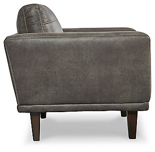 For a fresh spot in your space, turn to the Arroyo designer arm chair. This invigorating piece breathes warmth into your home with its striking gray faux leather upholstery and tapered legs. Wind down at the end of a long day when you sink into this canyon of comfort.Corner-blocked frame | High-resiliency foam cushions wrapped in thick poly fiber | Non-reversible loose seat and back cushions | Metal seat base | Polyester/polyurethane upholstery | Exposed legs with faux wood finish | Minor assembly (simply attach legs) | Estimated Assembly Time: 15 Minutes
