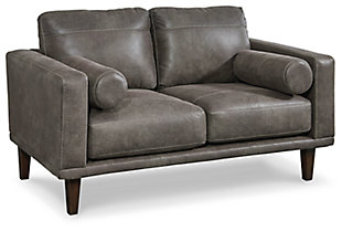 For a fresh spot in your space, turn to the Arroyo designer loveseat. This invigorating piece breathes warmth into your home with its striking gray faux leather upholstery and tapered legs. Wind down at the end of a long day when you sink into this canyon of comfort.Corner-blocked frame | High-resiliency foam cushions wrapped in thick poly fiber | Non-reversible loose seat and back cushions | Metal seat base | Polyester/polyurethane upholstery | 2 bolster pillows | Exposed legs with faux wood finish | Minor assembly (simply attach legs) | Estimated Assembly Time: 15 Minutes