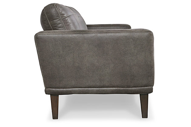 For a fresh spot in your space, turn to the Arroyo designer loveseat. This invigorating piece breathes warmth into your home with its striking gray faux leather upholstery and tapered legs. Wind down at the end of a long day when you sink into this canyon of comfort.Corner-blocked frame | High-resiliency foam cushions wrapped in thick poly fiber | Non-reversible loose seat and back cushions | Metal seat base | Polyester/polyurethane upholstery | 2 bolster pillows | Exposed legs with faux wood finish | Minor assembly (simply attach legs) | Estimated Assembly Time: 15 Minutes