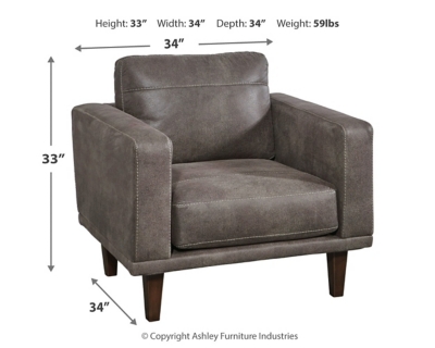 For a fresh spot in your space, turn to the Arroyo designer arm chair. This invigorating piece breathes warmth into your home with its striking gray faux leather upholstery and tapered legs. Wind down at the end of a long day when you sink into this canyon of comfort.Corner-blocked frame | High-resiliency foam cushions wrapped in thick poly fiber | Non-reversible loose seat and back cushions | Metal seat base | Polyester/polyurethane upholstery | Exposed legs with faux wood finish | Minor assembly (simply attach legs) | Estimated Assembly Time: 15 Minutes