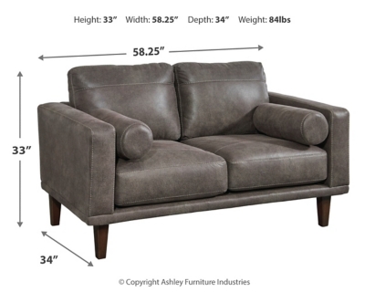 For a fresh spot in your space, turn to the Arroyo designer loveseat. This invigorating piece breathes warmth into your home with its striking gray faux leather upholstery and tapered legs. Wind down at the end of a long day when you sink into this canyon of comfort.Corner-blocked frame | High-resiliency foam cushions wrapped in thick poly fiber | Non-reversible loose seat and back cushions | Metal seat base | Polyester/polyurethane upholstery | 2 bolster pillows | Exposed legs with faux wood finish | Minor assembly (simply attach legs) | Estimated Assembly Time: 15 Minutes