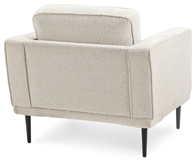 The Caladeron arm chair combines the clean lines of mid-century style with the cozy softness of your favorite blanket to create your favorite piece of furniture. The textured chenille upholstery evokes a feeling of comfort and security while the faint chevron pattern and exposed black metal legs add sophistication.Corner-blocked frame | High-resiliency foam cushions wrapped in thick poly fiber | Loose seat and reversible back cushions | Metal seat base | Polyester upholstery | Exposed black metal legs | Minor assembly (simply attach legs) | Estimated Assembly Time: 15 Minutes