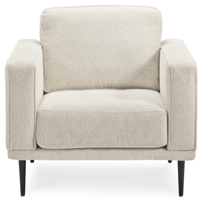 The Caladeron arm chair combines the clean lines of mid-century style with the cozy softness of your favorite blanket to create your favorite piece of furniture. The textured chenille upholstery evokes a feeling of comfort and security while the faint chevron pattern and exposed black metal legs add sophistication.Corner-blocked frame | High-resiliency foam cushions wrapped in thick poly fiber | Loose seat and reversible back cushions | Metal seat base | Polyester upholstery | Exposed black metal legs | Minor assembly (simply attach legs) | Estimated Assembly Time: 15 Minutes