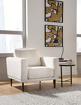 The Caladeron arm chair combines the clean lines of mid-century style with the cozy softness of your favorite blanket to create your favorite piece of furniture. The textured chenille upholstery evokes a feeling of comfort and security while the faint chevron pattern and exposed black metal legs add sophistication.Corner-blocked frame | High-resiliency foam cushions wrapped in thick poly fiber | Loose seat and reversible back cushions | Metal seat base | Polyester upholstery | Exposed black metal legs | Minor assembly (simply attach legs) | Estimated Assembly Time: 15 Minutes