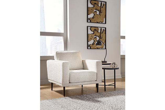 The Caladeron arm chair combines the clean lines of mid-century style with the cozy softness of your favorite blanket to create your favorite piece of furniture. The textured chenille upholstery evokes a feeling of comfort and security while the faint chevron pattern and exposed black metal legs add sophistication.Corner-blocked frame | High-resiliency foam cushions wrapped in thick poly fiber | Loose seat and reversible back cushions | Metal seat base | Polyester upholstery | Exposed black metal legs | Minor assembly (simply attach legs) | Estimated Assembly Time: 15 Minutes