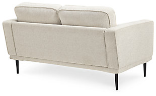 The Caladeron loveseat combines the clean lines of mid-century style with the cozy softness of your favorite blanket to create your favorite piece of furniture. The textured chenille upholstery evokes a feeling of comfort and security while the faint chevron pattern, bolster pillows and exposed black metal legs add sophistication.Corner-blocked frame | High-resiliency foam cushions wrapped in thick poly fiber | Loose seat and reversible back cushions | Metal seat base | 2 bolster pillows | Polyester upholstery | Exposed black metal legs | Minor assembly (simply attach legs) | Estimated Assembly Time: 15 Minutes