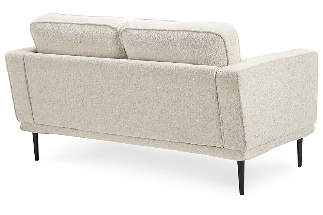 The Caladeron loveseat combines the clean lines of mid-century style with the cozy softness of your favorite blanket to create your favorite piece of furniture. The textured chenille upholstery evokes a feeling of comfort and security while the faint chevron pattern, bolster pillows and exposed black metal legs add sophistication.Corner-blocked frame | High-resiliency foam cushions wrapped in thick poly fiber | Loose seat and reversible back cushions | Metal seat base | 2 bolster pillows | Polyester upholstery | Exposed black metal legs | Minor assembly (simply attach legs) | Estimated Assembly Time: 15 Minutes